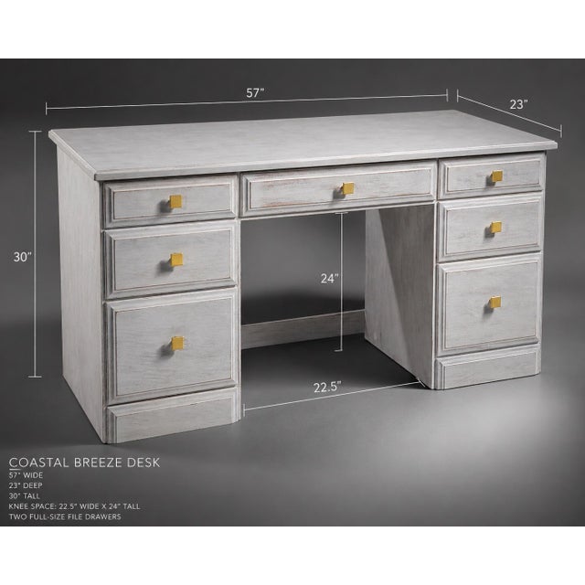 Late 20th Century Late 20th Century Coastal Breeze Whitewashed Double Pedestal Desk With File Drawers – Solid Pine 57” W For Sale - Image 5 of 9