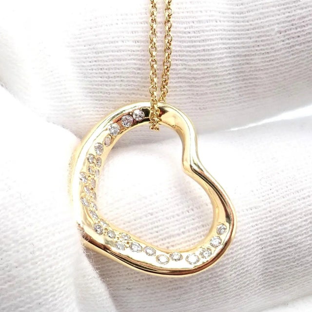 Gold Tiffany & Co. Elsa Peretti 18k Yellow Gold Diamond Open Heart Necklace For Sale - Image 8 of 10