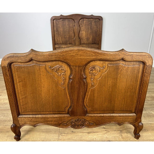Vintage Louis XVI French Oak Single Bed Frame with Carved Headboard For Sale - Image 3 of 11