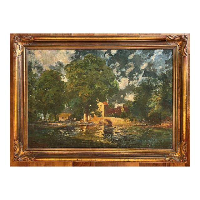 European Lake Landscape, Vintage Oil Painting For Sale