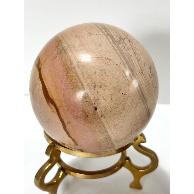 Large Vintage Polished Stone Decorative Eggs – Natural Stone Sculptures on Brass Stand (Pair) For Sale In Louisville - Image 6 of 7