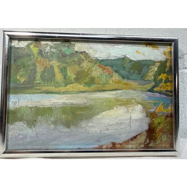 Abstract Vintage Original Miniature Abstract Expressive Oil Painting River Landscape Art For Sale - Image 3 of 9