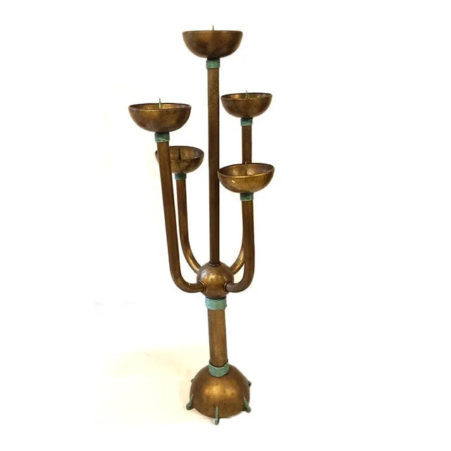 Antique Arts and Crafts Hammered Copper Standing Candle Holder For Sale - Image 5 of 5