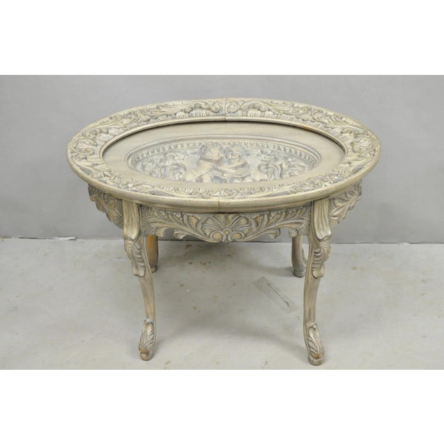 Vintage French Renaissance Walnut Gray Distress Painted Cherub Coffee Table For Sale - Image 16 of 18