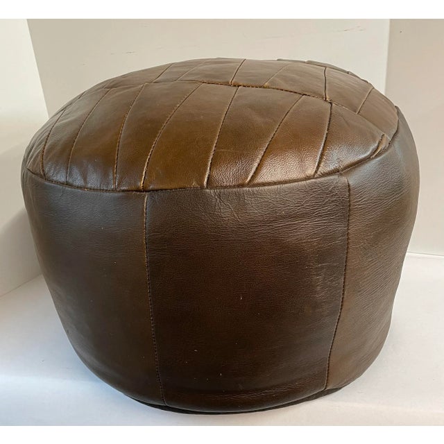Mid 20th Century Vintage Brown. Leather Poof Footstool For Sale - Image 5 of 8