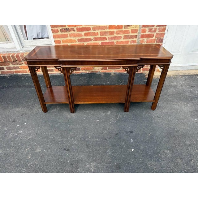 Mid Century Chinoiserie Chippendale Style Inlaid Fretwork Console Table by Lane 2 Tier, well made with inlays and fretwork...