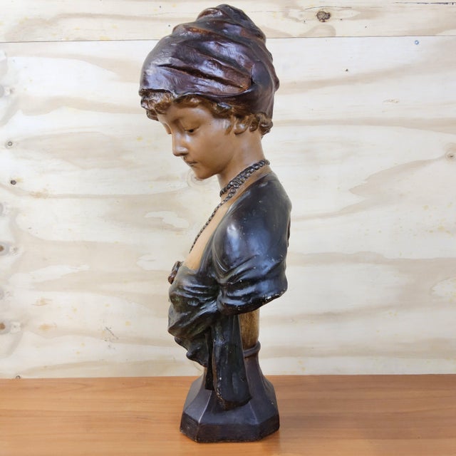 Stone Antique Art Nouveau Plaster Lady Bust For Sale - Image 7 of 17
