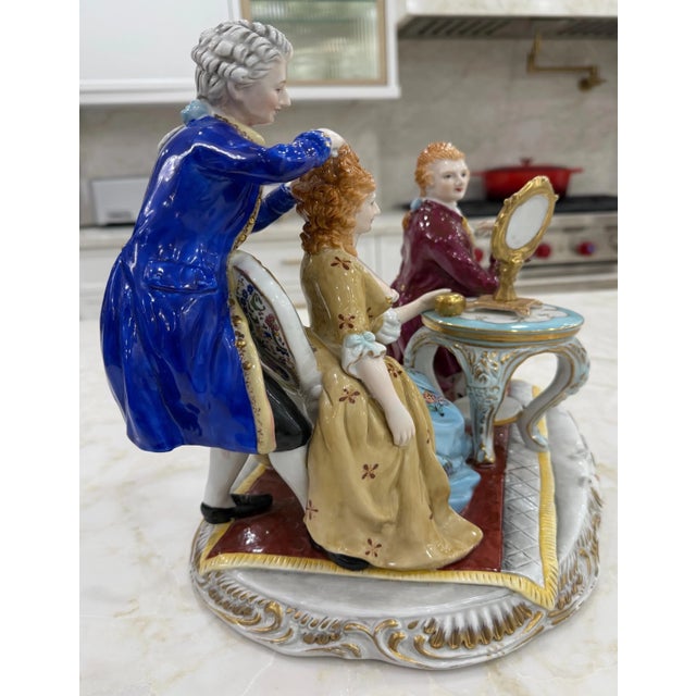 Karl Ens German Porcelain Rococo Trio Figurine — Hairdressing Scene, Circa 1950s For Sale - Image 4 of 4