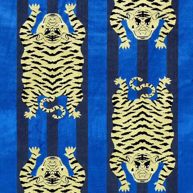 Sample - Schumacher x Johnson Hartig Jokhang Tiger Velvet Fabric in Blue For Sale
