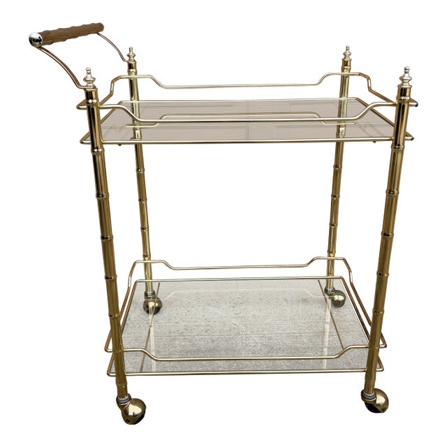 1960s Faux Bamboo Brass Bar Cart in the Palm Beach Manner For Sale