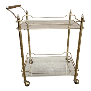 1960s Mid-Century Hollywood Regency Faux Bamboo Brass and Glass Bar Cart For Sale