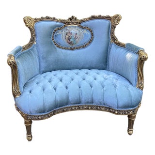 1900 French Louis XVI Blue Velvet Gold Settee For Sale