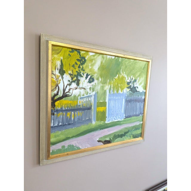 Mid-Century Modern 1961 Mid-Century Modern 'Garden Gate in Spring' Vintage Original Landscape Oil Painting, Framed For Sale - Image 3 of 10