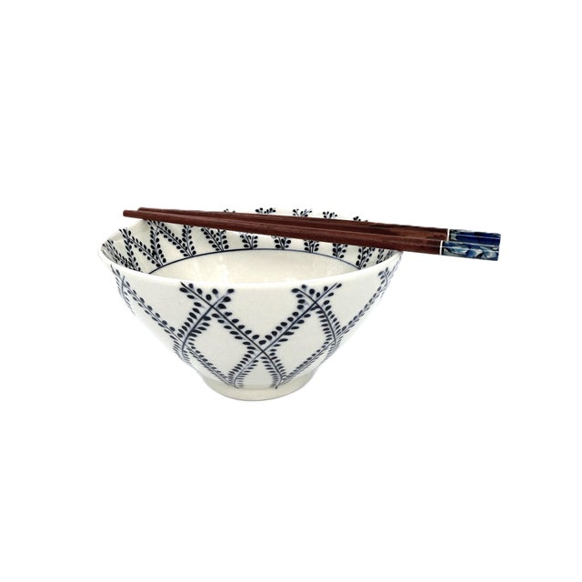 Blue Handcrafted Bat Trang Vietnamese Ceramic Pho or Ramen Bowls With Blue & White Vine Motif - Set of 4 For Sale - Image 8 of 11