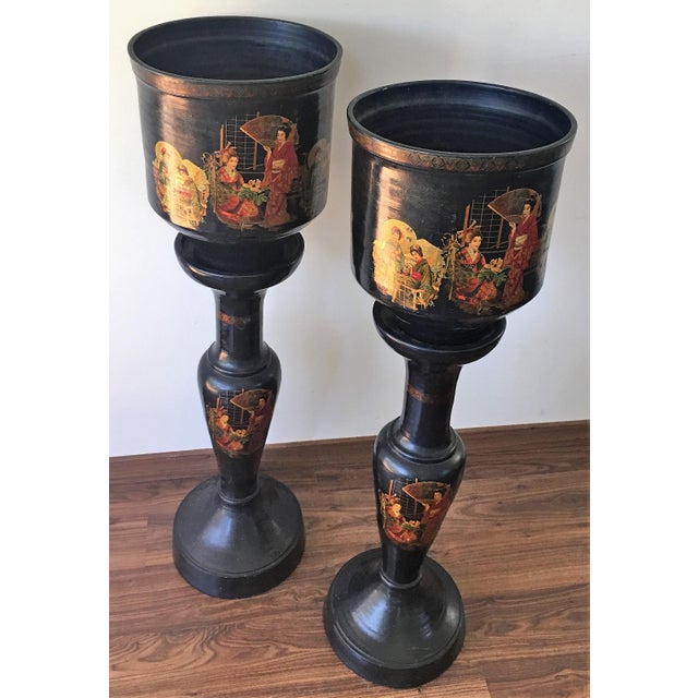 Pair of Large Chinoiserie Style Urns or Vases on Pedestals of Glazed Terracotta Measurements: Item A: Pedestal: H 31.29...