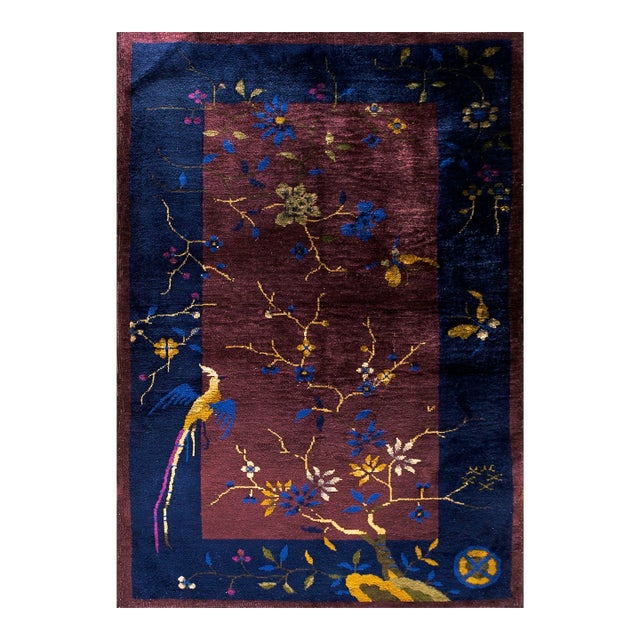 Awe-Inspiring Antique Chinese Art Deco Rug in a Purple Ground Color Wiht Floral Design For Sale