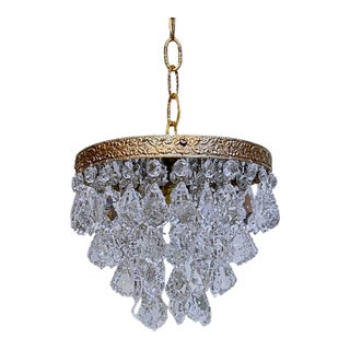Vintage Hollywood Regency Floral Embossed Brass French Pendalogue Crystal Basket Chandelier For Sale