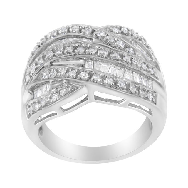 Contemporary .925 Sterling Silver 1.0 Cttw Channel Set Alternating Round and Baguette Diamond Cross-over Bypass Ring Band (I-J Color, I2-I3 Clarity) - Size 7 For Sale - Image 3 of 6
