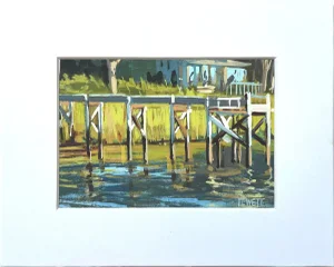 Wooden Pier in the Cove - 5x7" Painting on Paper in 8x10 White Matte