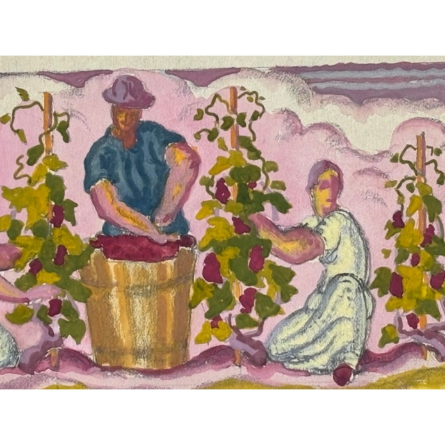 French Country Original 1923 Watercolor + Pencil on Paper Bacchus Vineyard Muse Scene For Sale - Image 3 of 8