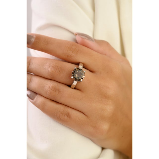 Vintage-Inspied Prong Set 10 Mm Round Smoky Quartz Promise Ring in Sterling Silver - Size 8.5 For Sale - Image 6 of 10