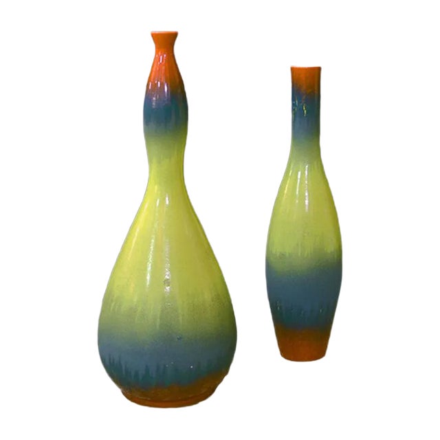 Mid-Century Matt & Shiny Enamel Ceramic Vases, Set of 2 For Sale