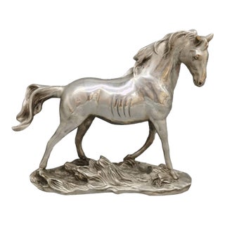 Vintage Silver-Tone Metal Horse Sculpture on Rocky Base For Sale