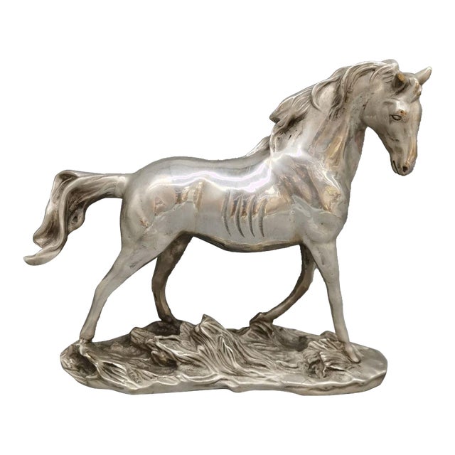 Vintage Silver-Tone Metal Horse Sculpture on Rocky Base For Sale
