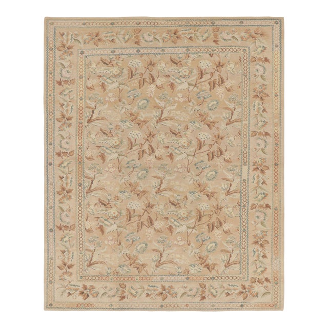 Rug & Kilim’s Aubusson Style Rug in Beige-Brown With Blue and Pink Florals For Sale