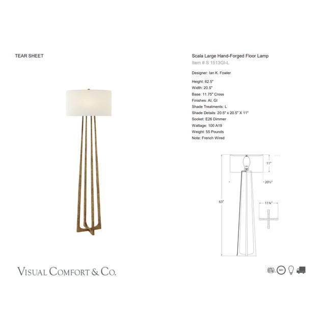 Ian K. Fowler by Visual Comfort Signature Scala Large Hand-Forged Floor Lamp in Gilded Iron with Linen Shade Designer: Ian...