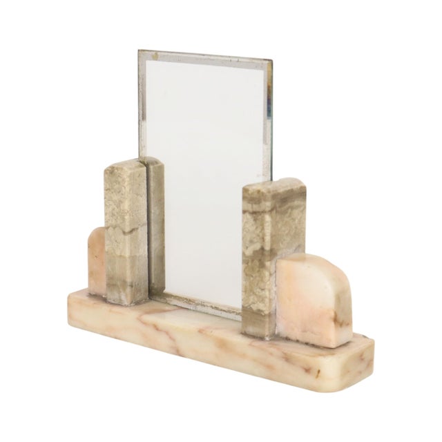 Small Art Deco photo frame featuring a geometric design, crafted from various types of marble and glass with a mirrored...