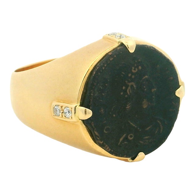 Vintage Italian 18k Gold Diamond Intaglio Ring by Bastian Bros, Size 10 For Sale