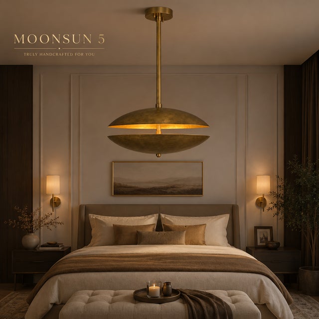Dual Brass Disc Chandelier, Mid Century Modern Ufo Pendant Light, Handmade Brass Saucer Ceiling Light, 4-Light Dining Room Statement Fixture For Sale - Image 13 of 13