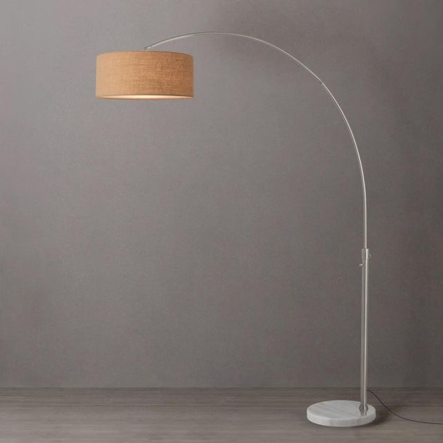 Mid-Century Modern 1960s Mid Century Morelli Float Floor Lamp - 92" Modern Arc Lamp, Burlap Linen Shade, White Marble Base, Dimmable For Sale - Image 3 of 4