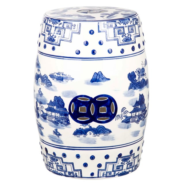 Modern Mist Chinoiserie Garden Stool in Blue For Sale - Image 3 of 3