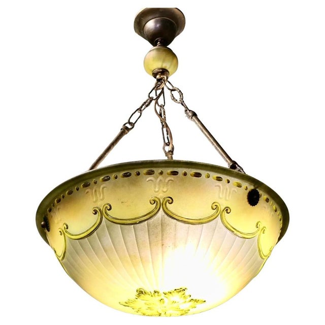 French Art Deco Decorated Glass Hanging Light with Brass Rose, 1930 For Sale - Image 9 of 9
