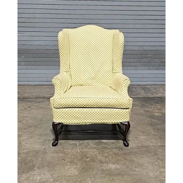 Store Item: Queen Anne Style Mahogany Wing Chair Yellow Check Fabric Slipcover Made in Virginia by Honeycutt Description:...