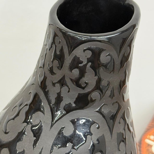 Glazed Midnight Black Ceramic Vase with Curled Floral Design For Sale - Image 9 of 9