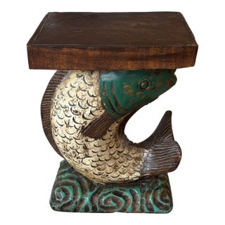Vintage Hand Carved Painted Wooden Koi Fish Side Table/Pedestal. For Sale