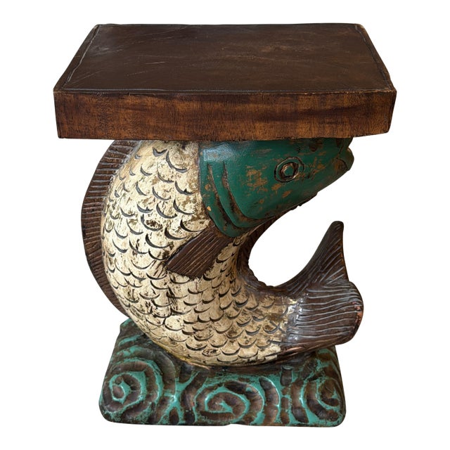 Vintage Hand Carved Painted Wooden Koi Fish Side Table/Pedestal. For Sale