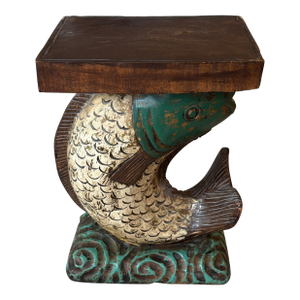 Vintage Hand Carved Painted Wooden Koi Fish Side Table/Pedestal.