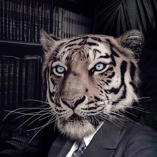This artwork features a figure in formal attire with the head of a tiger, seated at a desk and engaged in writing,...