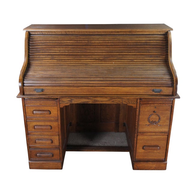 Traditional Antique Quartersawn Oak Tambour Roll Top Kneehole Secretary Bankers Writing Desk For Sale - Image 3 of 17