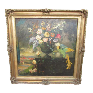1920s Still Life Floral and Cockatoo Painting, Attrib to Geoffrey Holt