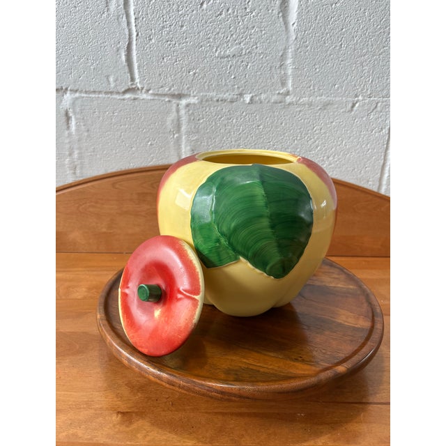 Ceramic Mid-Century Ceramic Apple Cookie Jar With Sculpted Leaf Detail, Vintage Kitchen For Sale - Image 7 of 10