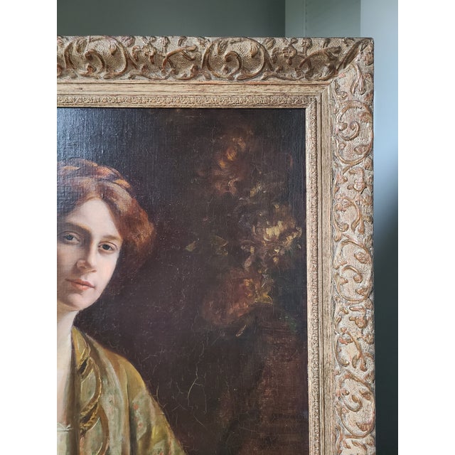Carol Aus Antique 1910s Oil Painting Portrait of a Lady For Sale - Image 12 of 18