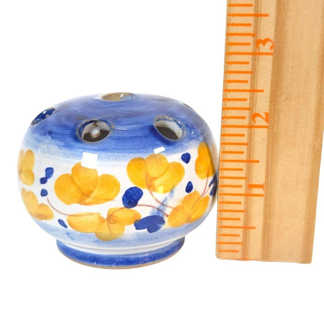Vintage Italian Hand-Painted Blue & Yellow Floral Ceramic Flower Frog Bud Vase For Sale - Image 11 of 13