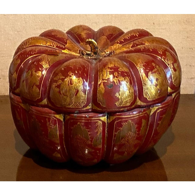 Antique Early 20th Century Chinese Paper Mache Pumpkin Jewelry Box. Features a custom fit interior tray.
