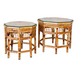 Restored Vintage Brighton Pavilion Style Bamboo Octagonal Cane Side Tables For Sale