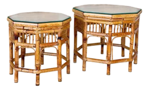 Restored Vintage Brighton Pavilion Style Bamboo Octagonal Cane Side Tables